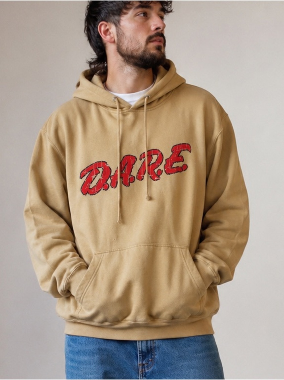 Unisex D.A.R.E Beige Lion Hoodie - Size Medium Y2K 2000s